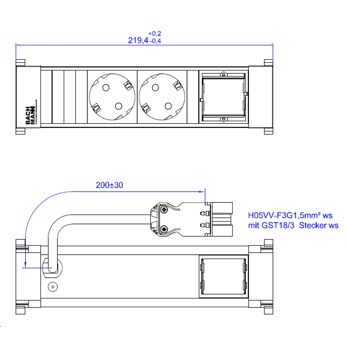 Bachmann POWER FRAME 2xCEE7/3916.7011xCM 0 2m GST18 RAL9010 Bachmann POWER FRAME 2xCEE7/3916.7011xCM 0 2m GST18 RAL9010