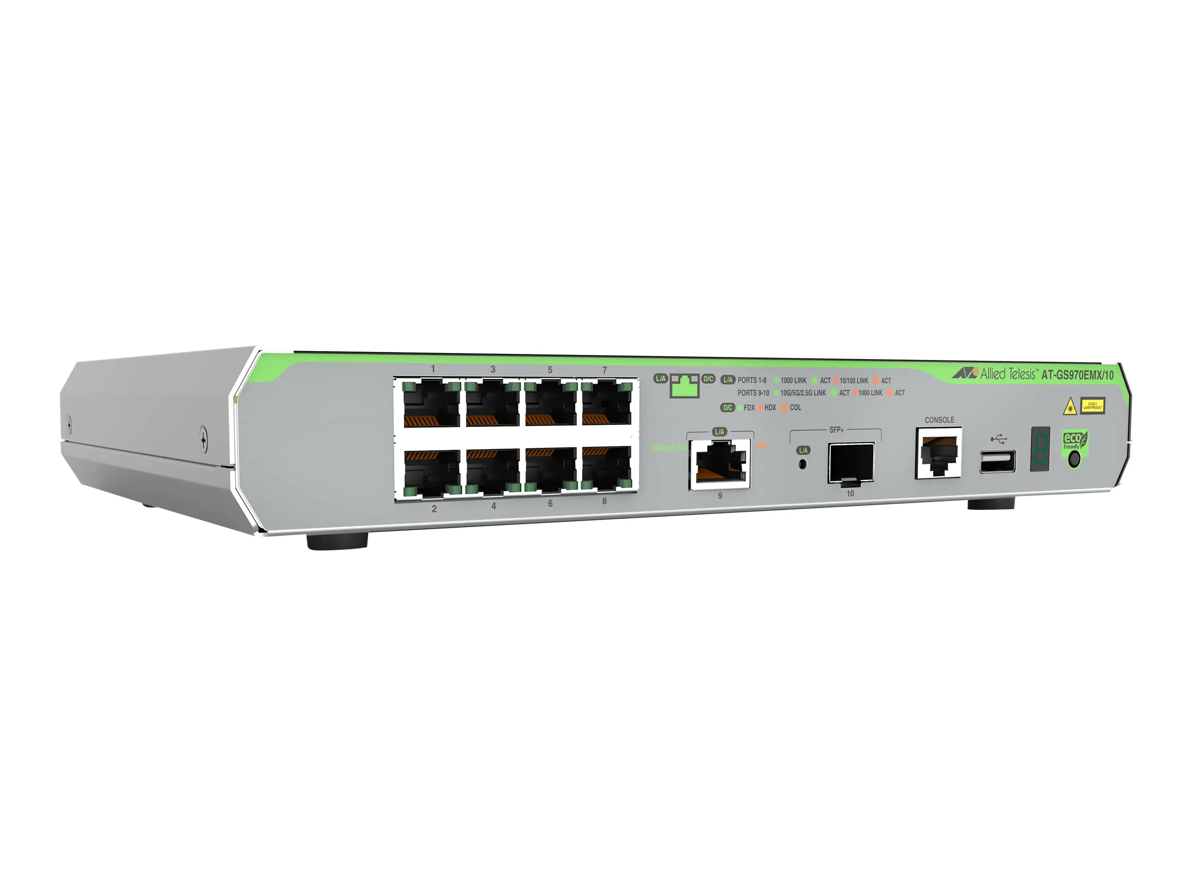 Allied Telesis CentreCOM AT-GS970EMX/10 - Switch - L3 Lite - managed - 8 x 10/100/1000 + 1 x 1/2.5/5/10GBase-T + 1 x 1 Gigabit / 10 Gigabit SFP+ - Desktop, an Rack montierbar