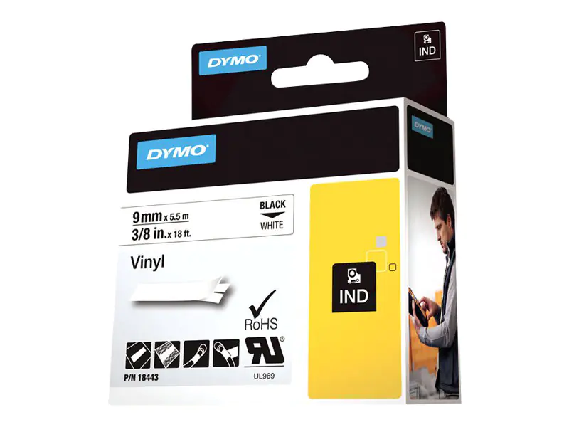 DYMO IND - Vinyl - Klebstoff - Schwarz auf Weiß - Rolle (0,9 cm x 5 m) 1 Kassette(n) Etikettenband - für LabelMANAGER 210, 280, 360, 420, PnP; Rhino 4200, 5200; RhinoPRO 6000 DYMO IND - Vinyl - Klebstoff - Schwarz auf Weiß - Rolle (0,9 cm x 5 m) 1 Kassette(n) Etikettenband - für LabelMANAGER 210, 280, 360, 420, PnP; Rhino 4200, 5200; RhinoPRO 6000