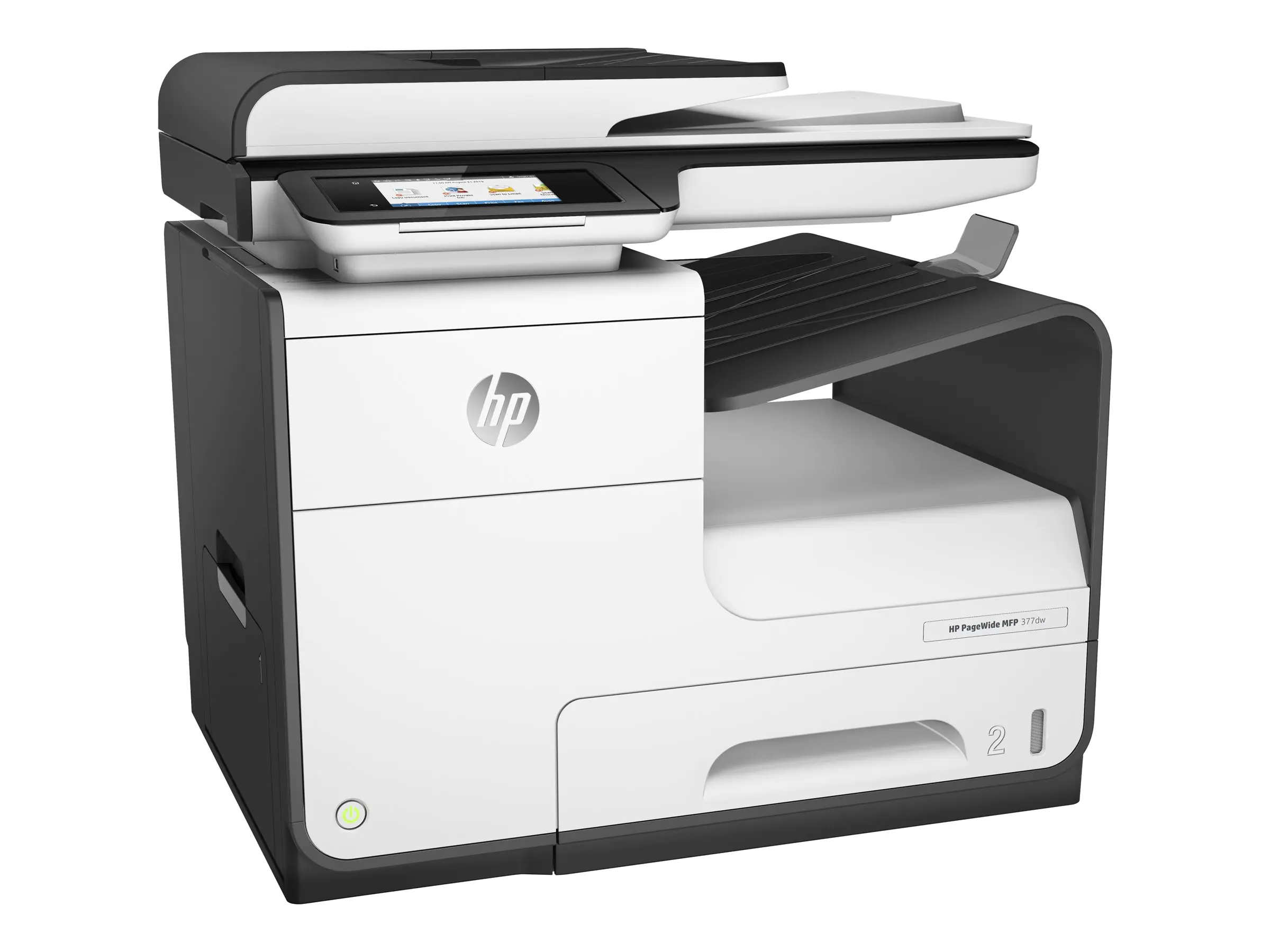 HP PageWide MFP 377dw - Multifunktionsdrucker - Farbe - seitenbreite Palette - Legal (216 x 356 mm) (Original) - A4/Legal (Medien) - bis zu 30 Seiten/Min. (Kopieren) - bis zu 30 Seiten/Min. (Drucken) - 500 Blatt - 33.6 Kbps - USB 2.0, LAN, Wi-Fi(n), NFC,