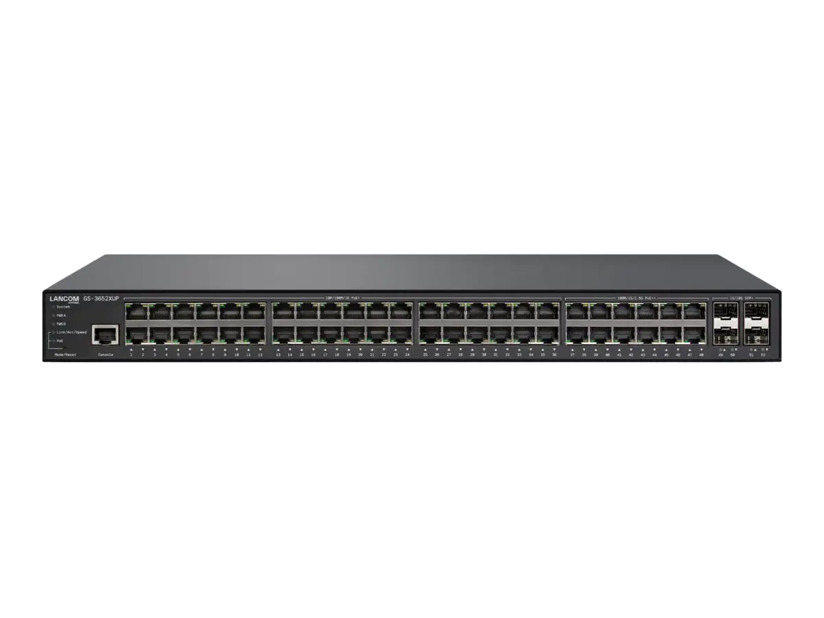 LANCOM GS-3652XUP - Switch - managed - 12 x 100/1000/2.5G (PoE++) + 36 x 10/100/1000 (PoE+) + 4 x 1 Gigabit / 10 Gigabit SFP+ - Desktop, an Rack montierbar - PoE++ (820 W)