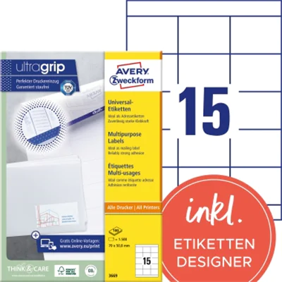 Avery Zweckform Universaletikett 3669 70x50,8mm weiß 1.500 St./Pack. Avery Zweckform Universaletikett 3669 70x50,8mm weiß 1.500 St./Pack.