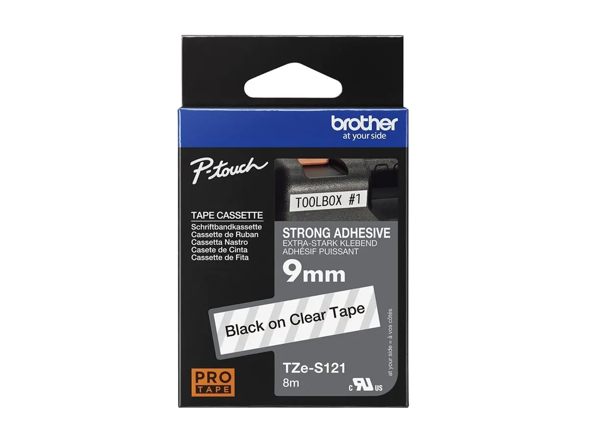 Brother TZe-S121 - Extra starker Klebstoff - schwarz auf durchsichtig - Rolle (0,9 cm x 8 m)