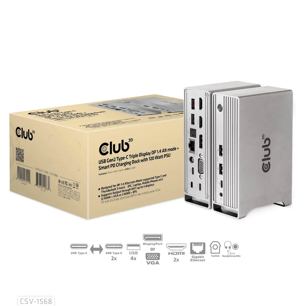 Club 3D USB-Typ-C Gen2 Dreifach-Display Dynamic PD Ladestation mit 120 Watt PS CSV-1568