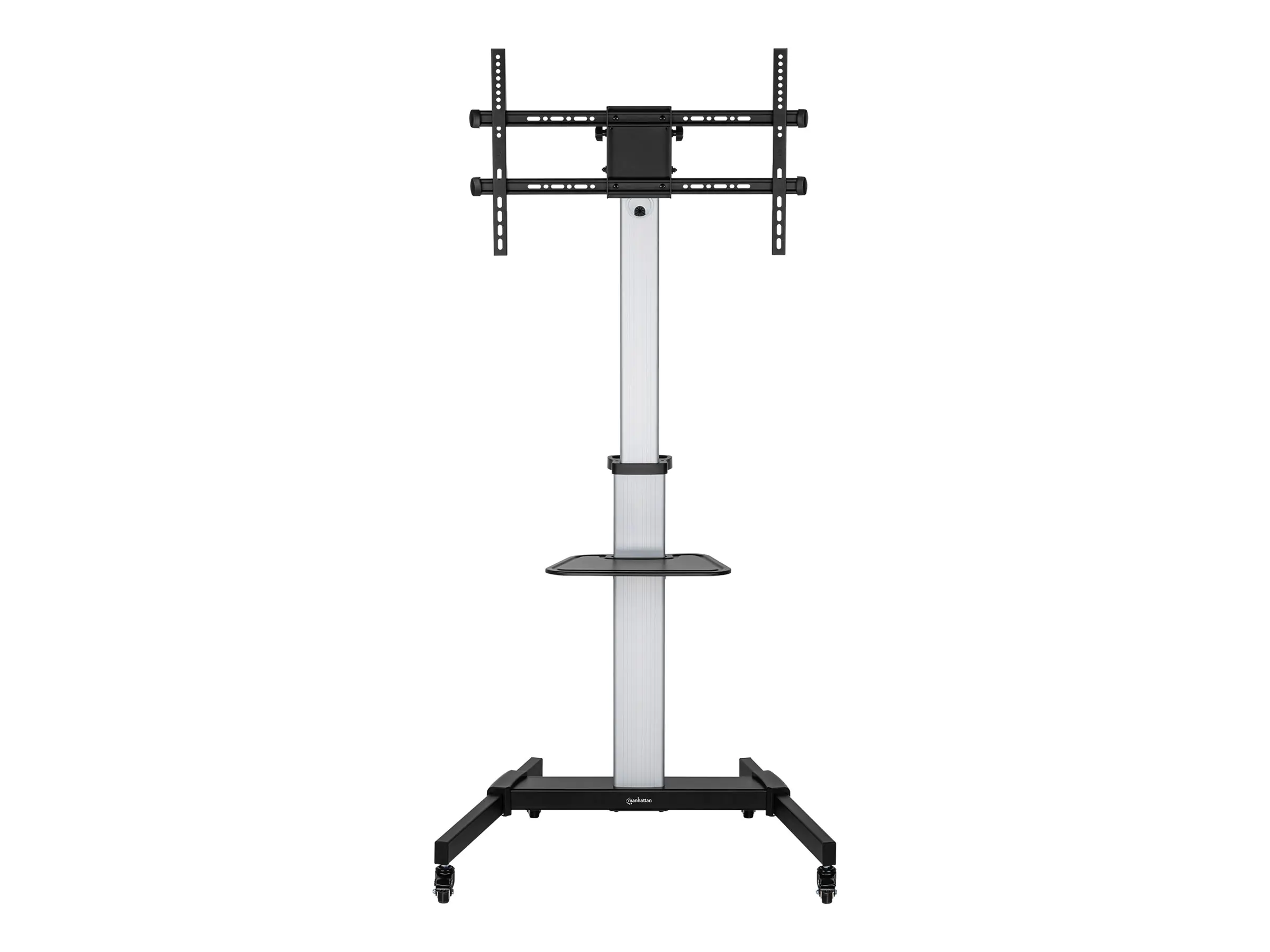 Manhattan TV & Monitor Mount, Trolley Stand, 1 screen, Screen Sizes: 37-86", -10 to 5° Tilt, 90° Rotation, Silver/Black, VESA 200x200 to 600x400mm, Max 50kg, Height adjustable 1200 to 1600mm, AV/Laptop shelf, Aluminium, LFD, Lifetime Warranty - Wagen