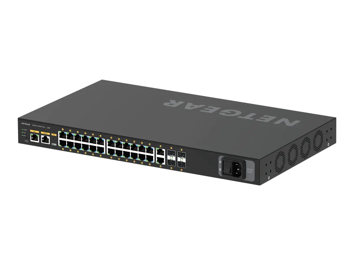 NETGEAR AV Line M4250-26G4F-PoE+ - Switch - L3 - managed - 24 x 10/100/1000 (PoE+) + 2 x 10/100/1000 + 4 x 1000Base-X SFP - Seite-zu-Seite-Luftstrom - an Rack montierbar - PoE+ (300 W)