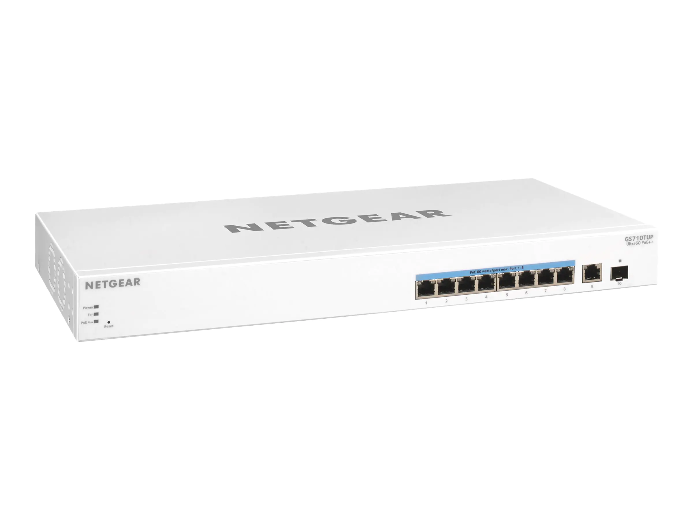 Netgear Smart GS710TUP - Switch - L3 Lite - Smart - 9 x 10/100/1000 (PoE++) + 1 x Gigabit SFP - an Rack montierbar - PoE++ (480 W)