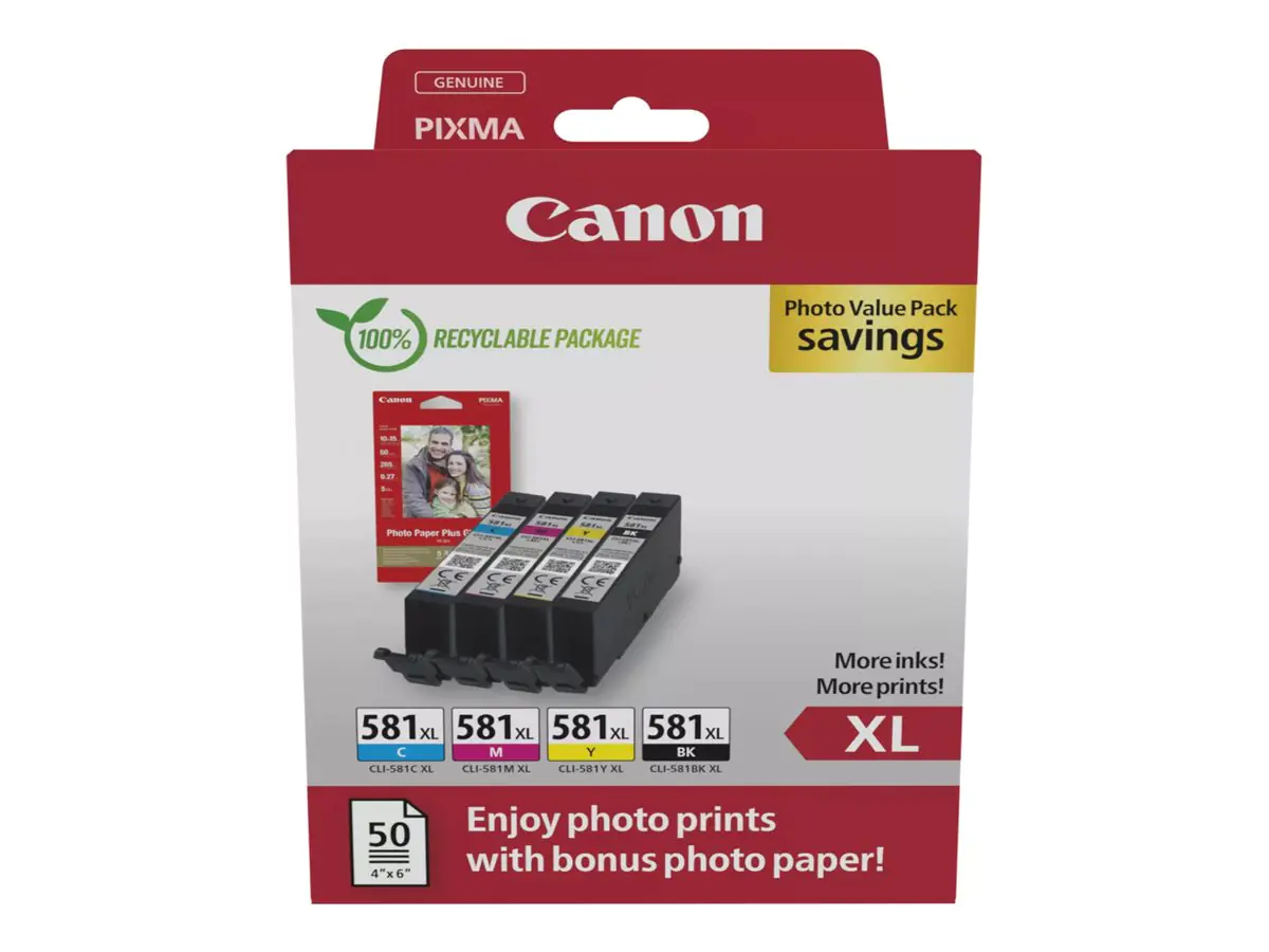 Canon CLI-581XL C/M/Y/BK Photo Value Pack - 4er-Pack - 8.3 ml - Hohe Ergiebigkeit - Schwarz, Gelb, Cyan, Magenta - Original - Tintenbehälter- / Papierpaket - für PIXMA TS6251, TS6350, TS6351, TS8251, TS8252, TS8350, TS8351, TS8352, TS9550, TS9551