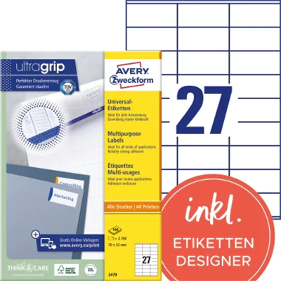 Avery Zweckform Universaletikett 3479 70x32mm weiß 2.700 St./Pack. Avery Zweckform Universaletikett 3479 70x32mm weiß 2.700 St./Pack.