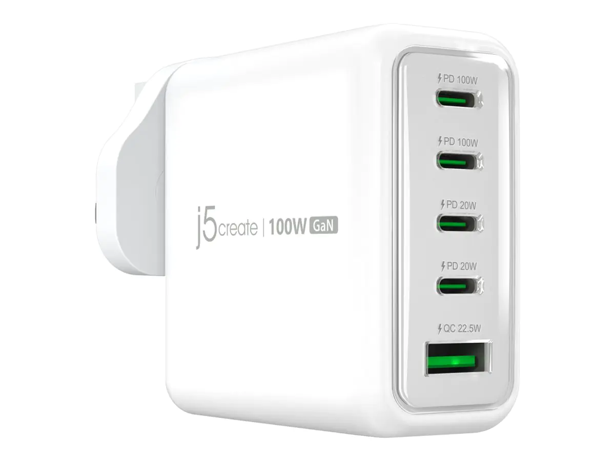 j5create JUP53100 - Netzteil - GaN - 100 Watt - 5 A - QC 3.0, Power Delivery 3.0 + PPS - 5 Ausgabeanschlussstellen (4 x USB-C, USB) JUP53100EF-N