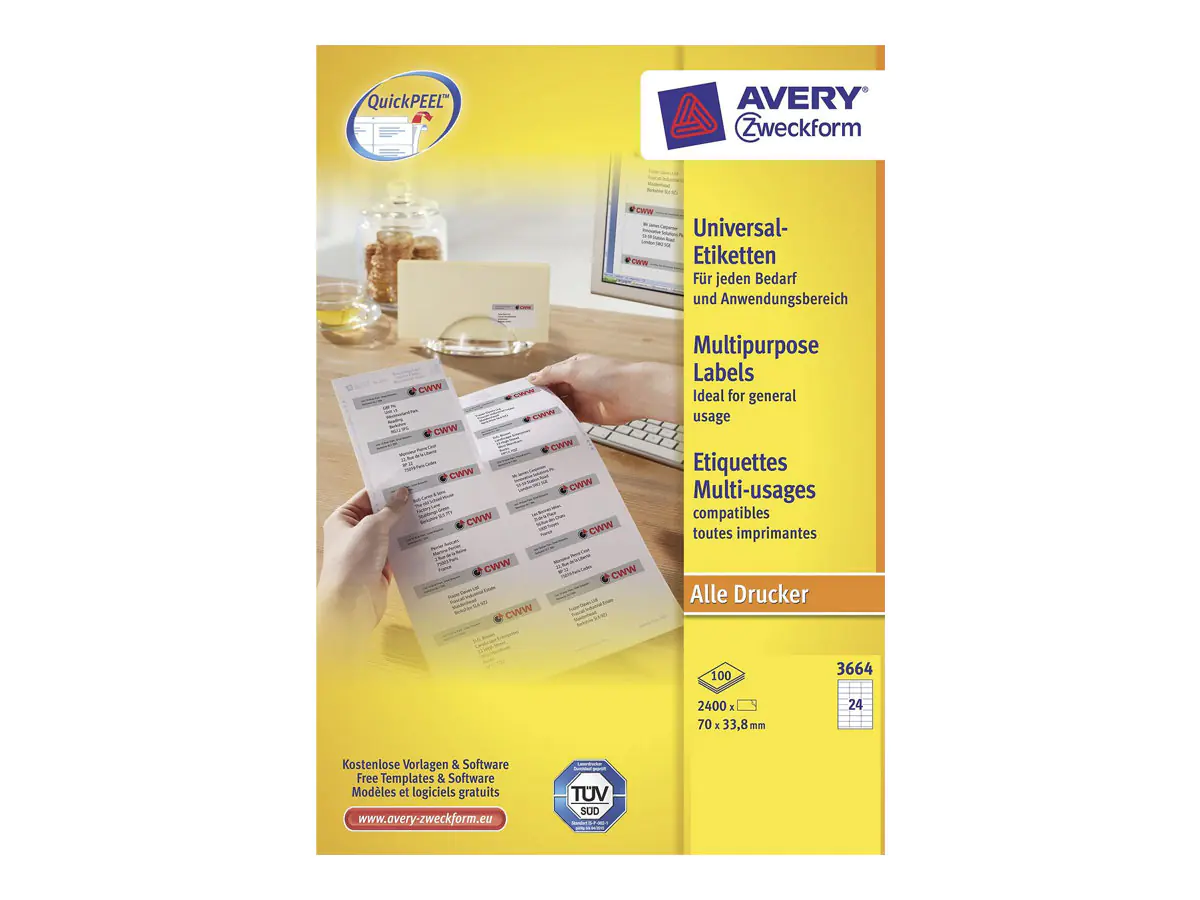 Avery Zweckform Universaletikett 3664 70x33,8mm weiß 2.400 St./Pack.