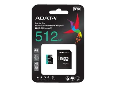ADATA Premier Pro V30S - Flash-Speicherkarte (SD-Adapter inbegriffen) - 512 GB - A2 / Video Class V30 / UHS-I U3 / Class10 - microSDXC UHS-I