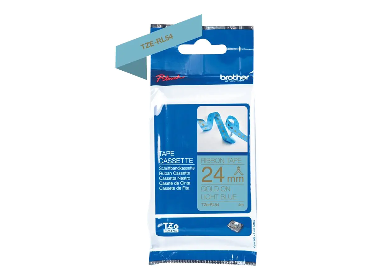 Brother Schriftband TZERL54 Seidig Gold auf Hellblau 2,4 cm x 4 m