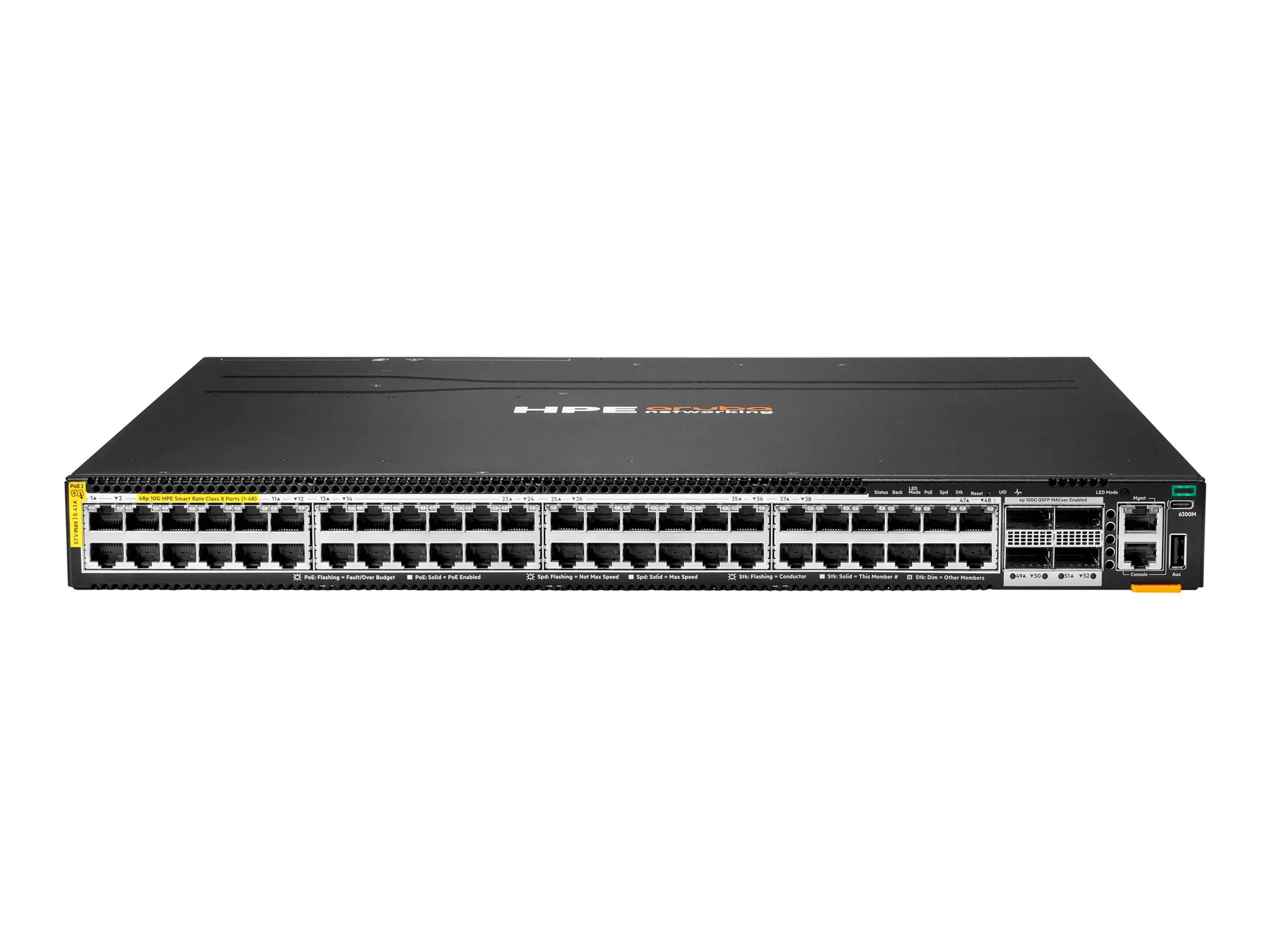HPE Aruba Networking CX 6300M 48p SR10 1G/2.5G/5G/10G PTP/AVB Class8 PoE 4p 100G MACsec Switch - Switch - nur horizontale Oberflächenmontage - L3 - managed - 48 x 100/1000/2.5G/5G/10GBase-T (PoE++) S0E91AR
