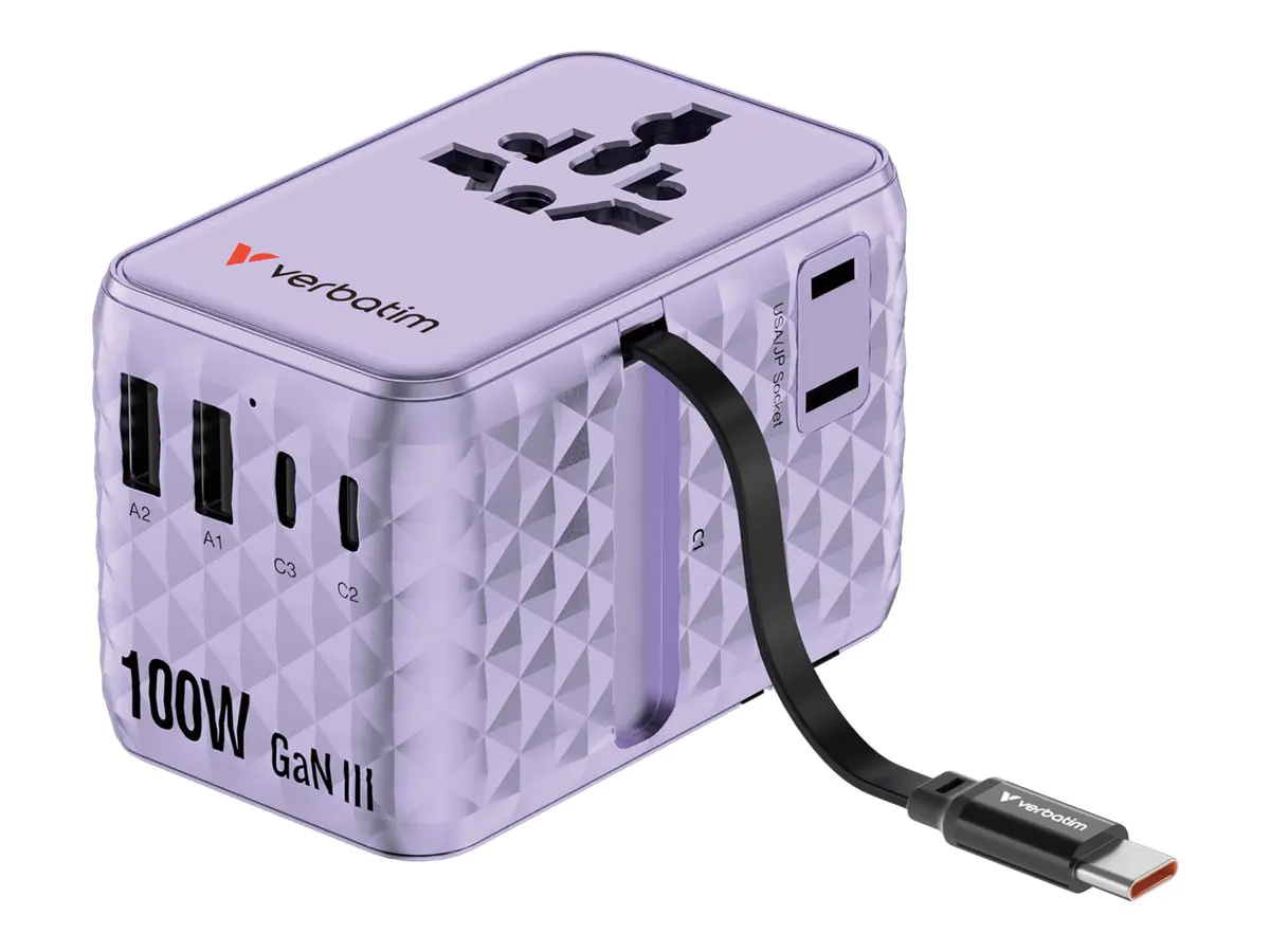 Verbatim Charge 'n' Travel - Netzteil - GaN III, universal, with retractable USB-C cable - 100 Watt - 10 A - QC 4.0+, QC 3.0, Fast Charge, Power Delivery 3.0 + PPS, USB BC 1.2, Apple Fast Charge - 5 Ausgabeanschlussstellen (3 x USB-C, 2 x USB) 30193