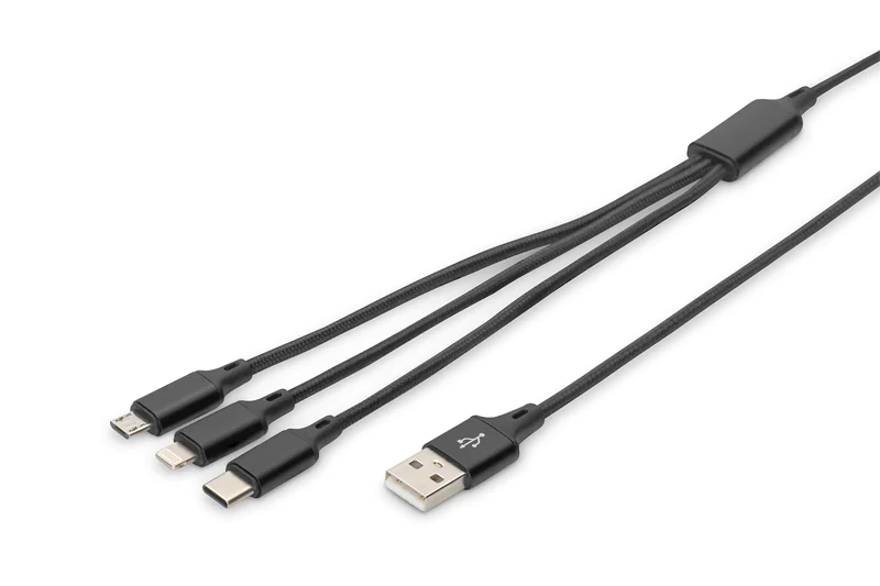 Digitus - Lightning-Kabel - USB männlich zu 24 pin USB-C, Micro-USB Typ B, Lightning männlich - 1 m - Schwarz - unterstützt Stromversorgung Digitus - Lightning-Kabel - USB männlich zu 24 pin USB-C, Micro-USB Typ B, Lightning männlich - 1 m - Schwarz - unterstützt Stromversorgung