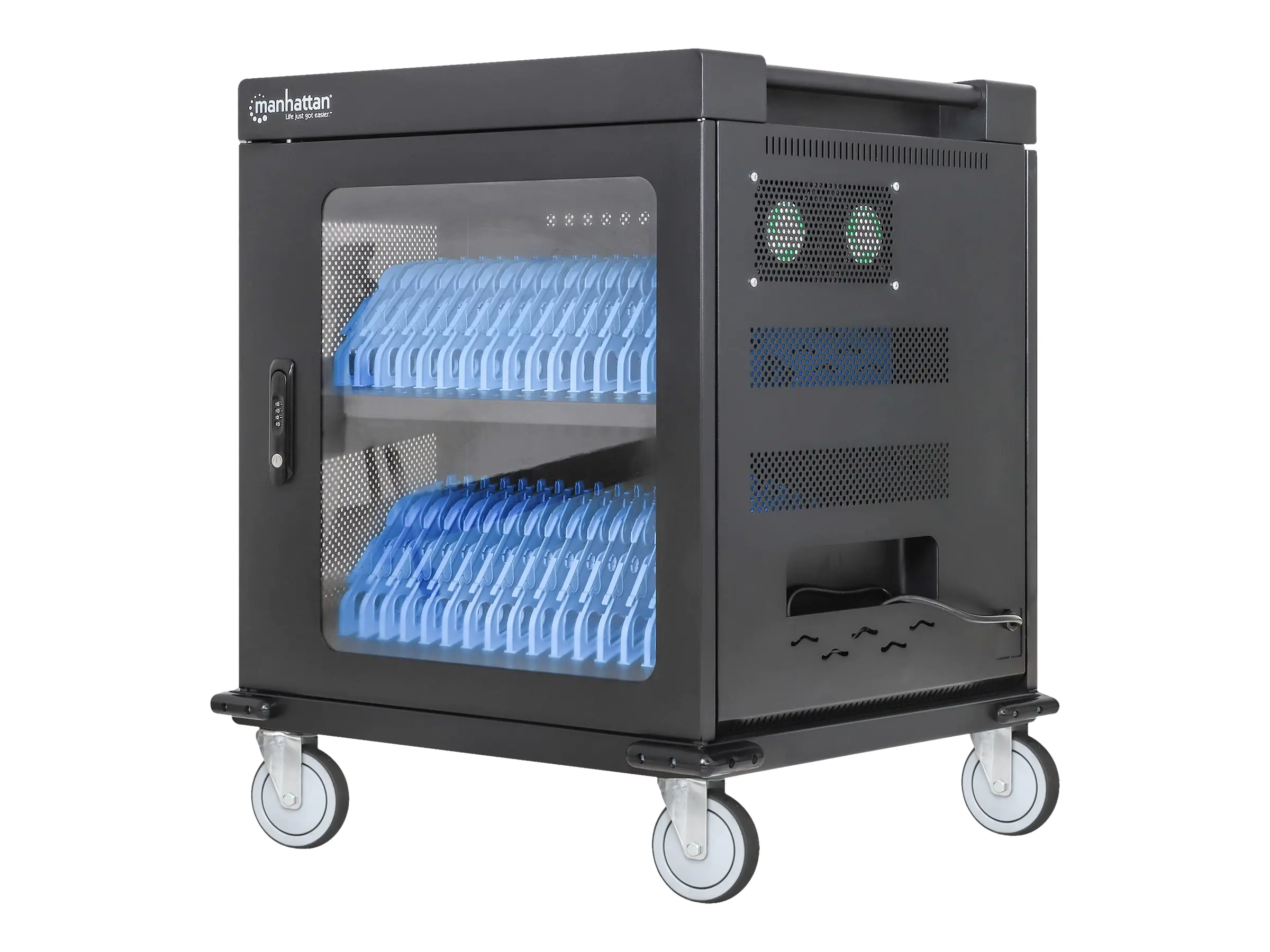 Manhattan Charging Cabinet/Cart via AC Adapter (EU) x32 Devices, Trolley, Using supplied AC Adapter (power cables) included with device, Suitable for iPads/other tablets/phones/laptops (up to 15.6"), Bays 380x30x280mm, Lockable, EU 2-pin Plug - Wagen