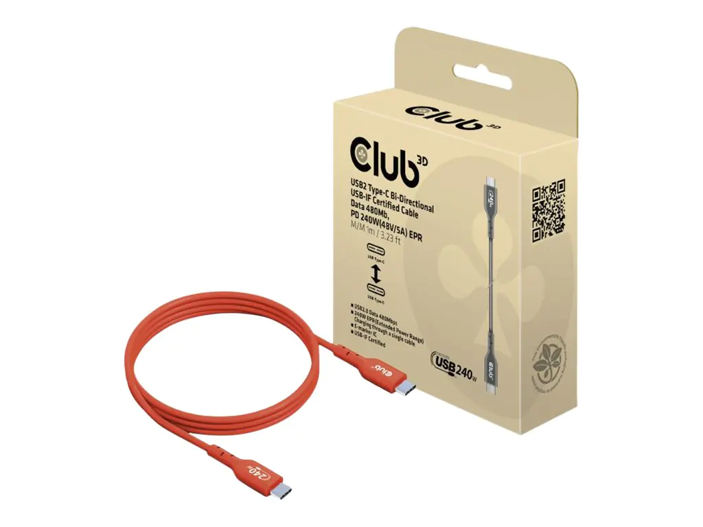 Club 3D - USB-Kabel - 24 pin USB-C (M) zu 24 pin USB-C (M) - USB 2.0 - 48 V - 5 A - 1 m - bi-direktional, unterstützt bis zu 240 W Spannungsversorgung, Baureihe mit erweitertem Leistungsbereich (EPR