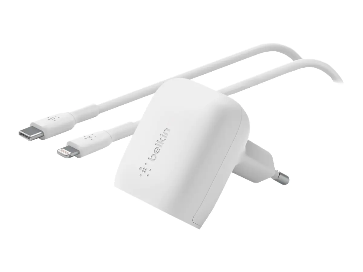 Belkin BoostCharge - Netzteil - 20 Watt - Fast Charge, Power Delivery 3.1 (24 pin USB-C) - auf Kabel: Lightning - weiß