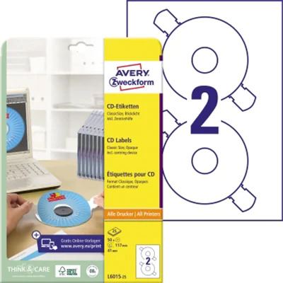 Avery Zweckform CD/DVD-Etikett L6015-25 matt weiß 50 St./Pack. Avery Zweckform CD/DVD-Etikett L6015-25 matt weiß 50 St./Pack.
