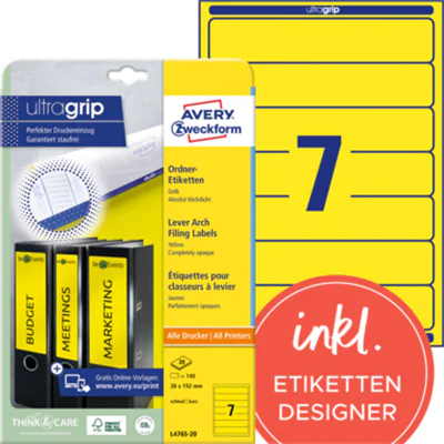 Avery Zweckform Ordneretikett L4765-20 38x192mm ge 140 St./Pack. Avery Zweckform Ordneretikett L4765-20 38x192mm ge 140 St./Pack.