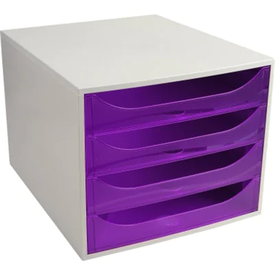 Exacompta Schubladenbox ECOBOX 4 Schubladen DIN A4, Überbreite Polystyrol Gehäusefarbe: grau Farbe der Schublade: violett transluzent