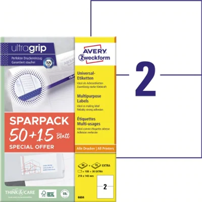 Avery Zweckform Universaletikett ultragrip 210 x 148 mm (B x H) nicht wieder ablösbar Papier weiß 130 Etik./Pack. Avery Zweckform Universaletikett ultragrip 210 x 148 mm (B x H) nicht wieder ablösbar Papier weiß 130 Etik./Pack.