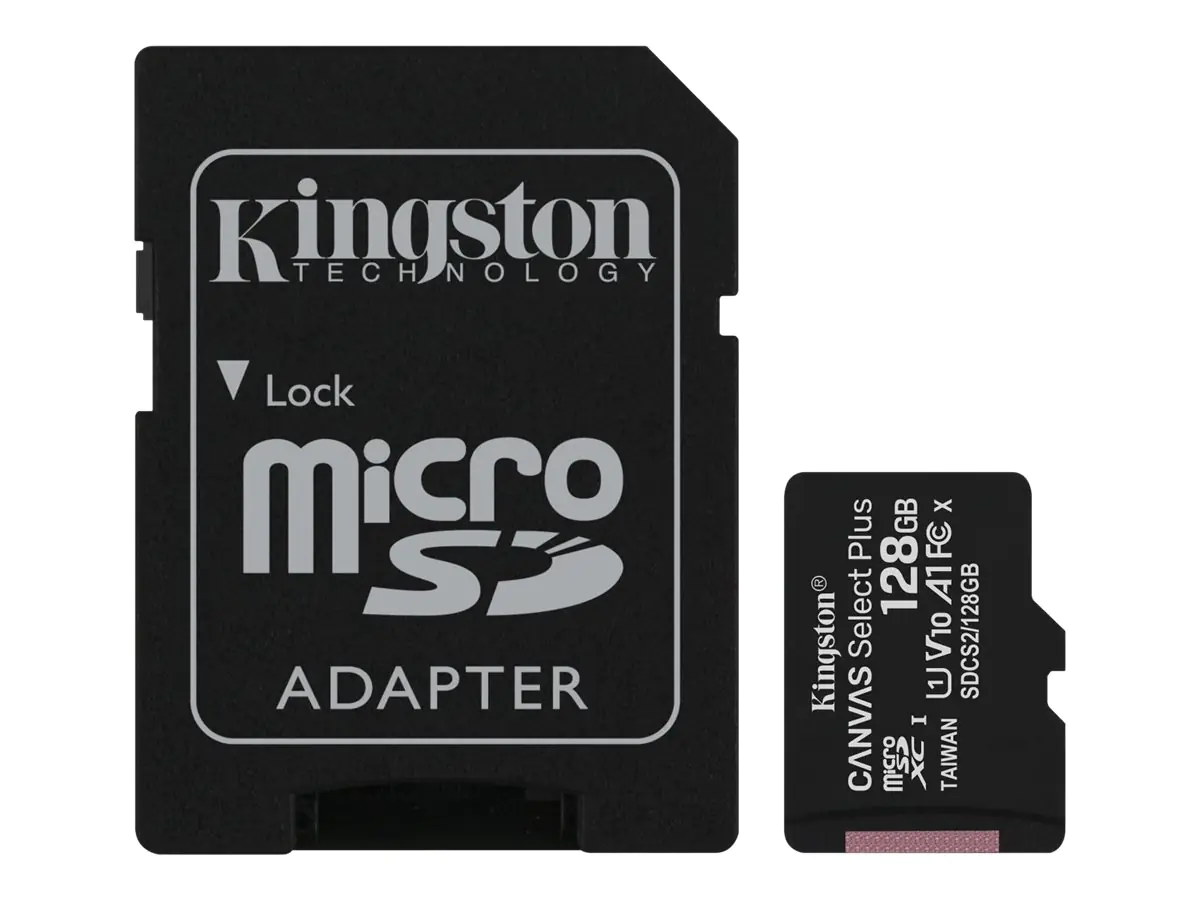 Kingston Canvas Select Plus - Flash-Speicherkarte (microSDXC-an-SD-Adapter inbegriffen) - 128 GB - A1 / Video Class V10 / UHS Class 1 / Class10 - microSDXC UHS-I Kingston Canvas Select Plus - Flash-Speicherkarte (microSDXC-an-SD-Adapter inbegriffen) - 128 GB - A1 / Video Class V10 / UHS Class 1 / Class10 - microSDXC UHS-I