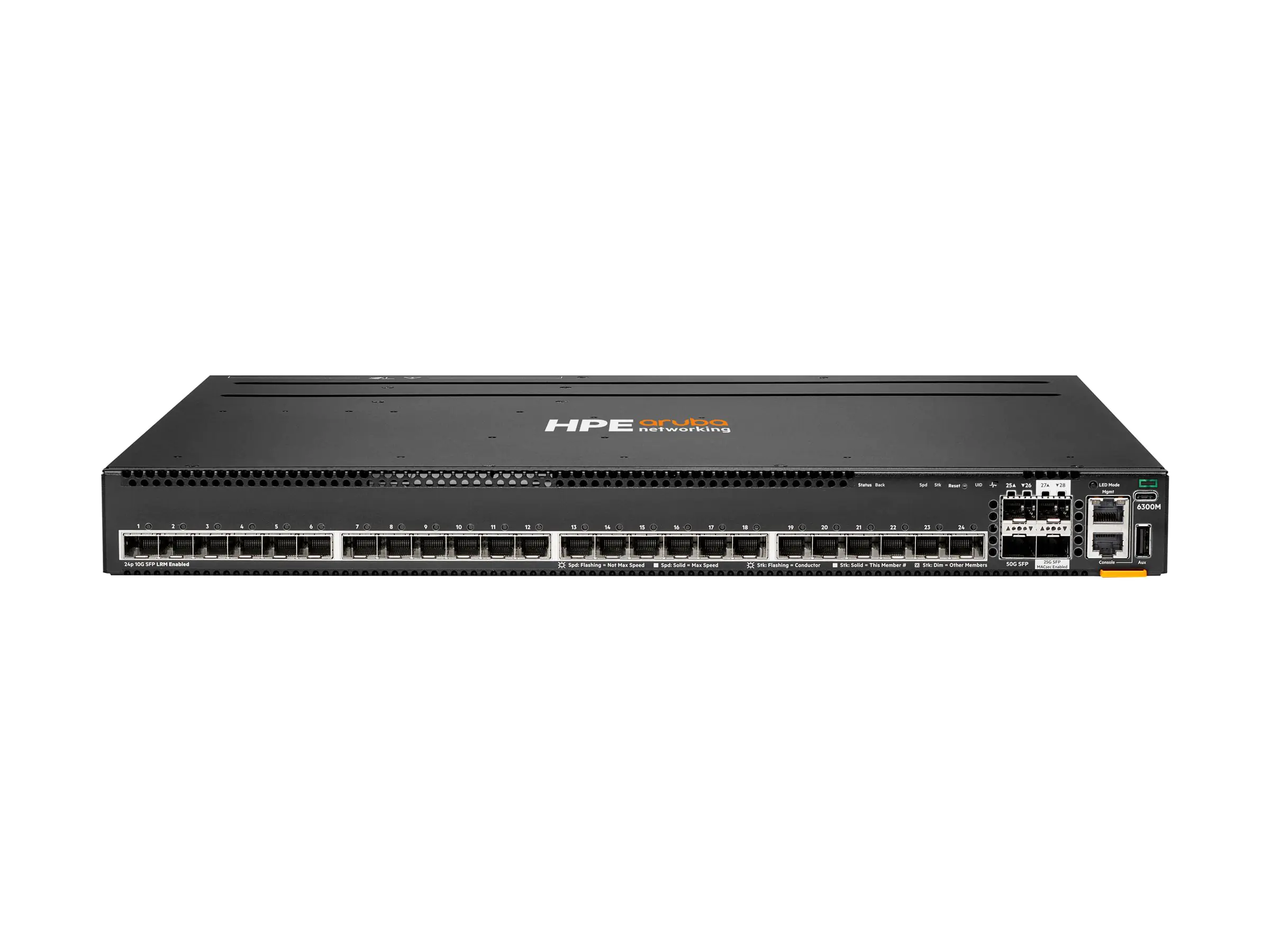 HPE Aruba 6300M 24p SFP+ LRM support and 2p 50G and 2p 25G MACsec Switch - Switch - L3 - managed - 24 x 1 Gigabit / 10 Gigabit SFP+ + 2 x 1 Gigabit / 10 Gigabit / 25 Gigabit / 50 Gigabit SFP56 (Uplink / Stacking) + 2 x 1 Gigabit / 10 Gigabit / 25 Gigabit