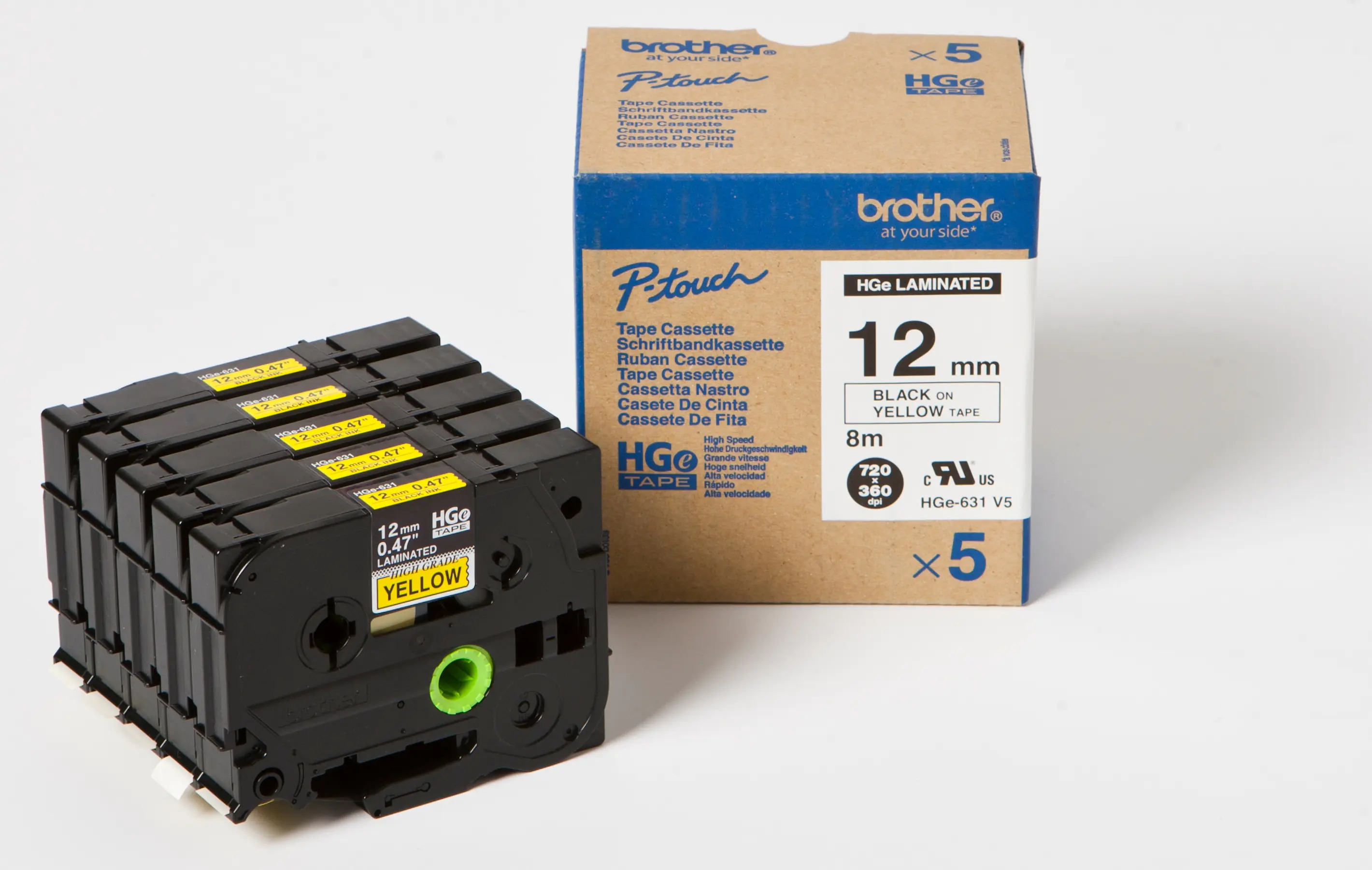 Brother HGE-631V5 - Schwarz auf Gelb - Rolle (1,2 cm x 8 m) 5 Kassette(n) laminiertes Band - für P-Touch PT-9500pc, PT-9700PC, PT-9800PCN Brother HGE-631V5 - Schwarz auf Gelb - Rolle (1,2 cm x 8 m) 5 Kassette(n) laminiertes Band - für P-Touch PT-9500pc, PT-9700PC, PT-9800PCN