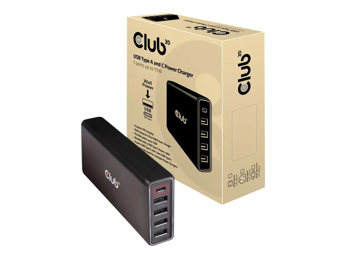Club 3D CAC-1903 - Netzteil - AC 100-110/240 V - 111 Watt - Ausgangsanschlüsse: 5 - Europa