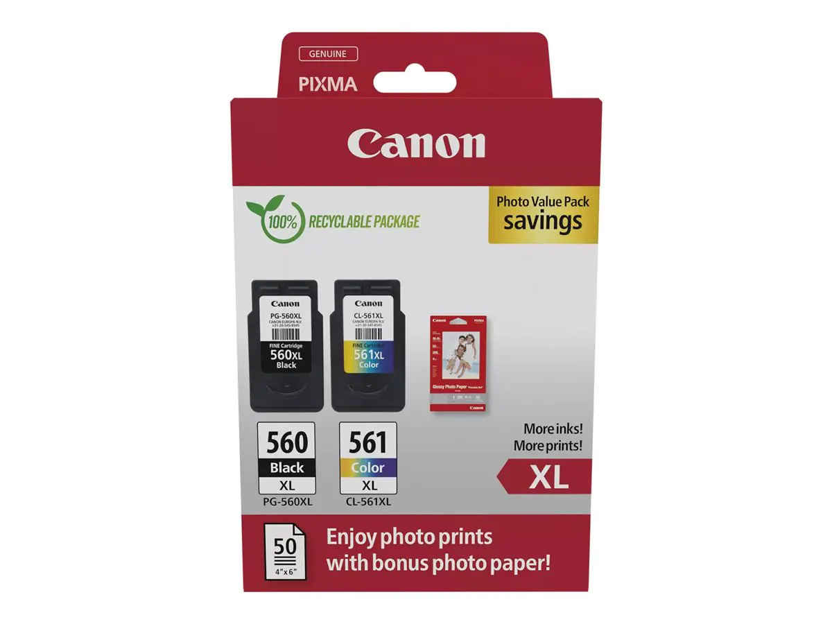 Canon PG-560XL/CL-561XL Photo Value Pack - Glänzend - 2er-Pack - Hohe Ergiebigkeit - Schwarz, Farbe (Cyan, Magenta, Gelb) - original - Hängebox - Tintenpatrone / Papierkit - für PIXMA TS5350, TS5351, TS5352, TS5353, TS7450