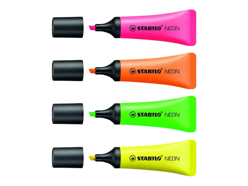 STABILO NEON - Textmarker - Grün, Gelb, Orange, rosa - wasserbasierte Tinte - 2-5 mm (Packung mit 4) 72-4-1