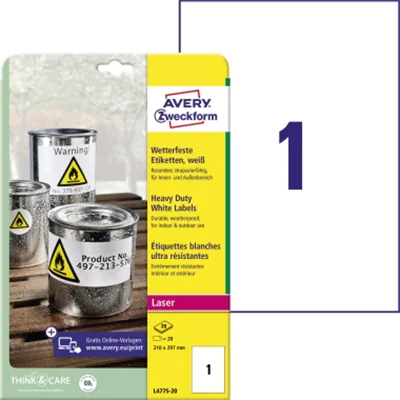 Avery Zweckform Folienetikett L4775-20 210x297mm 20 St./Pack. Avery Zweckform Folienetikett L4775-20 210x297mm 20 St./Pack.