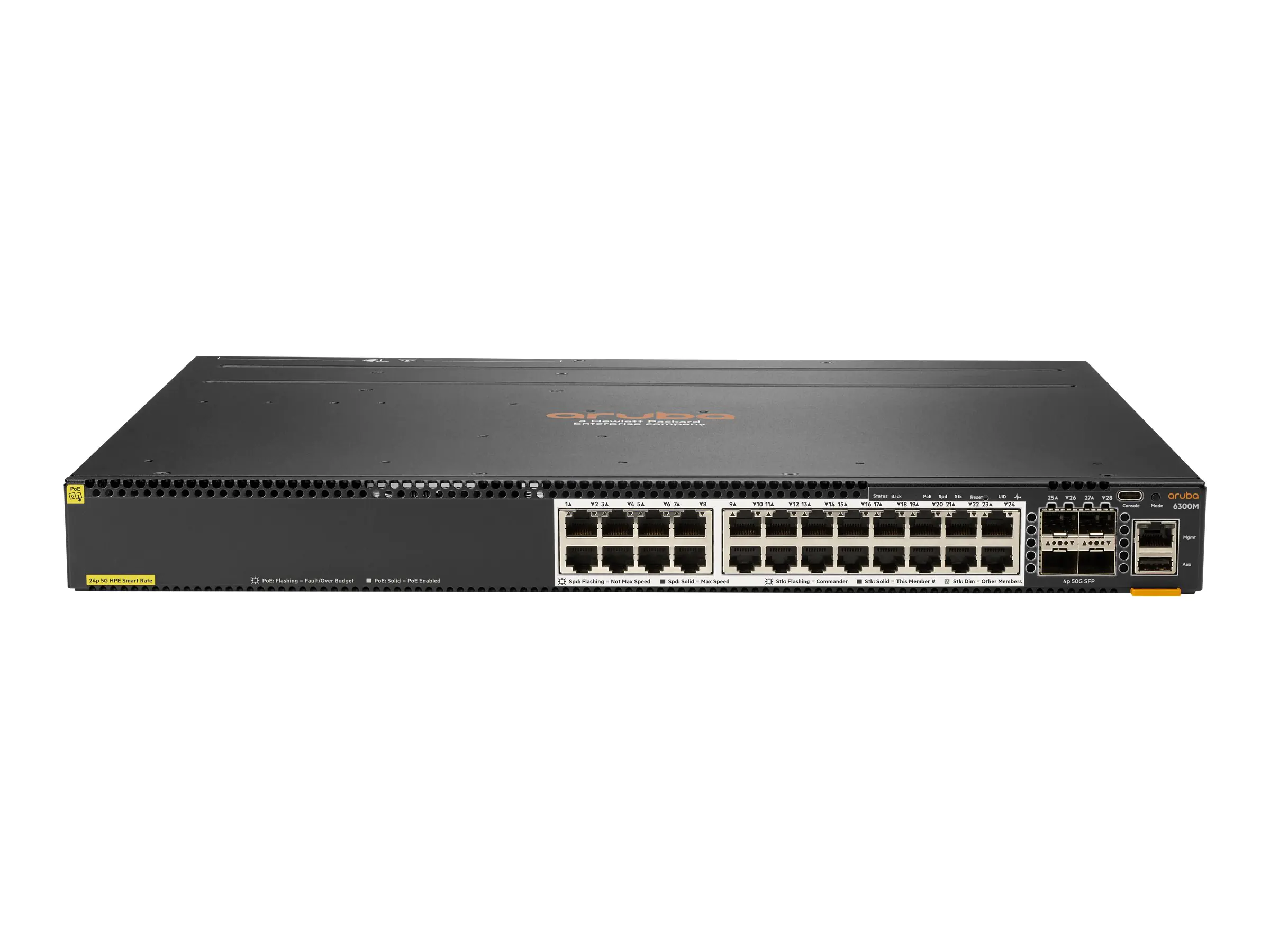 HPE Aruba 6300M - Switch - L3 - managed - 24 x 1/2.5/5/10GBase-T + 4 x 1 Gigabit / 10 Gigabit / 25 Gigabit / 50 Gigabit SFP56 (Uplink / Stacking) - Front und Seite zu Hinterseite - an Rack montierbar - PoE+ (1440 W)