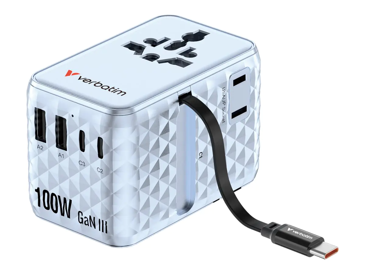 Verbatim Charge 'n' Travel - Netzteil - GaN III, universal, with retractable USB-C cable - 100 Watt - 10 A - QC 4.0+, QC 3.0, Fast Charge, Power Delivery 3.0 + PPS, USB BC 1.2, Apple Fast Charge - 5 Ausgabeanschlussstellen (3 x USB-C, 2 x USB) 30192