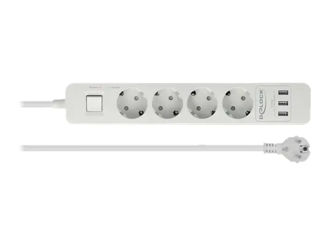 Delock Extension Socket - Steckdosenleiste - Wechselstrom 250 V - 4000 Watt - Eingabe, Eingang power CEE 7/7 - Ausgangsanschlüsse: 4 (3 x USB Typ A, 4 x CEE 7/3) - 1.5 m Schnur - weiß