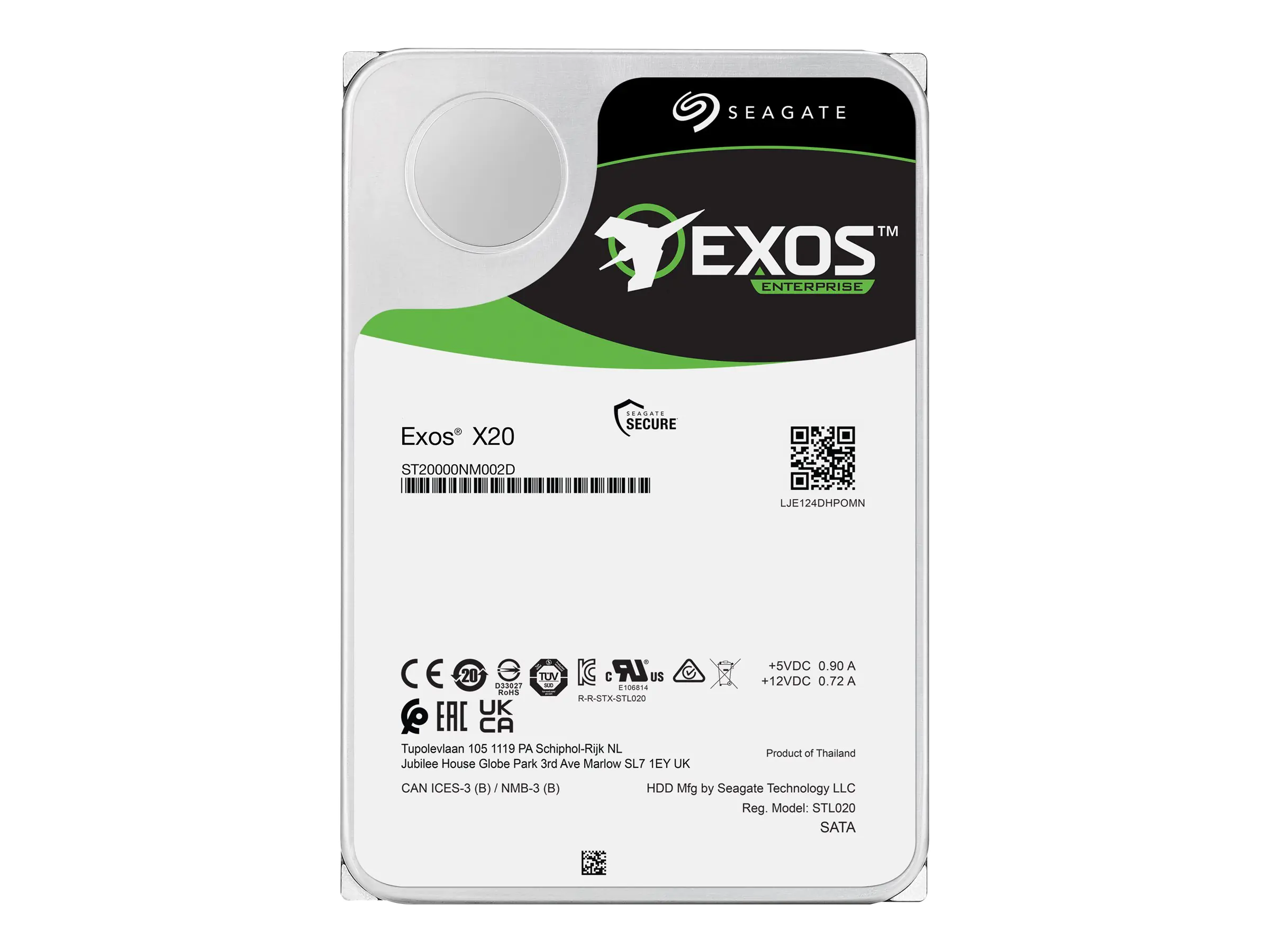 Seagate Exos X20 ST18000NM004D - Festplatte - verschlüsselt - 18 TB - intern - SATA 6Gb/s - 7200 rpm - Puffer: 256 MB - Self-Encrypting Drive (SED)