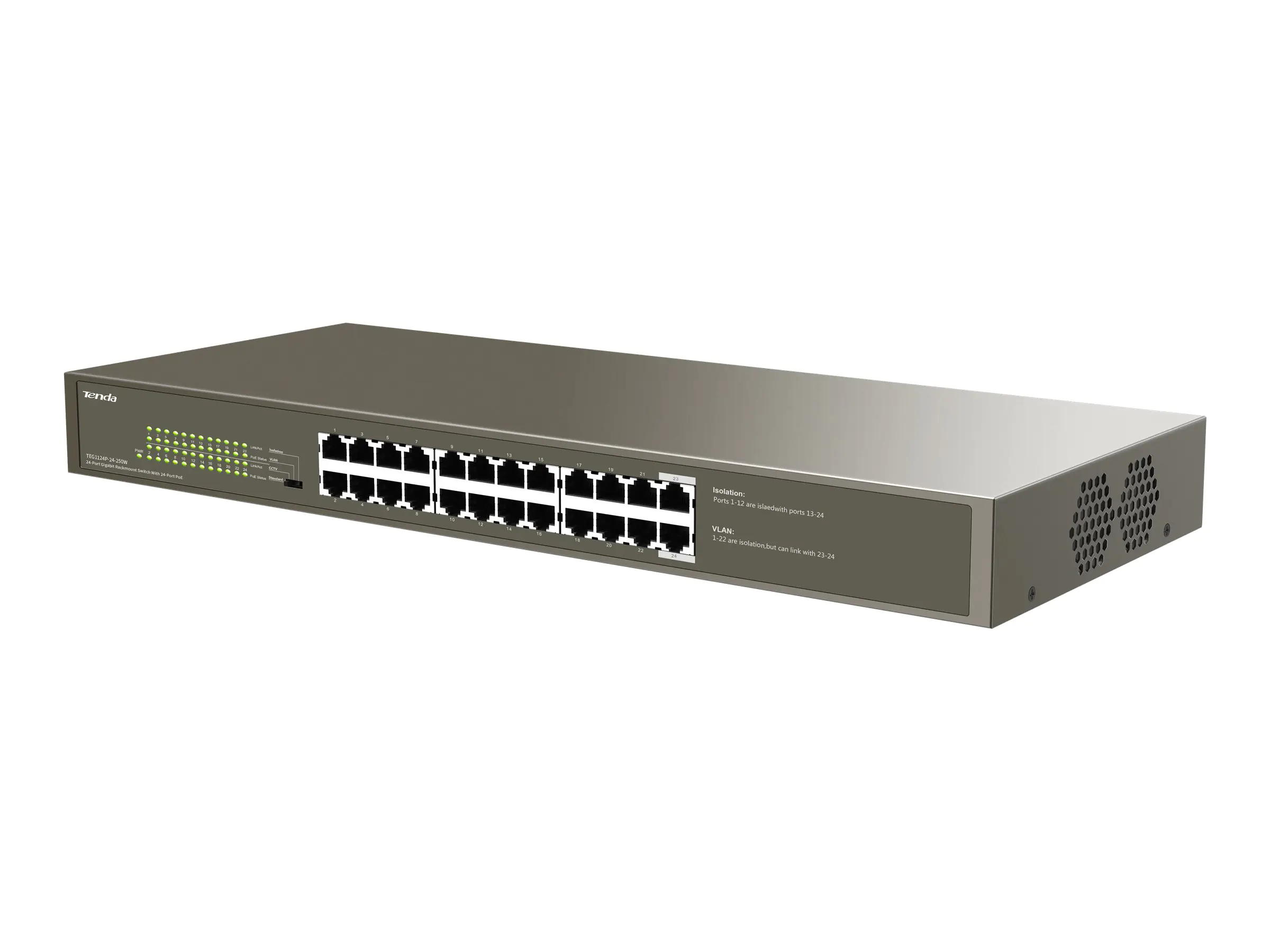 Tenda TEG1124P-24-250W - Switch - unmanaged - 24 x 10/100/1000 (PoE) - an Rack montierbar - PoE (225 W)