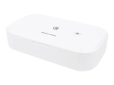 Manhattan UV Phone Sanitizer with Wireless Charger (Clearance Pricing), 10 W Wireless Charging Pad, Integrated UV LEDs to eliminate germs, viruses and bacteria, Quick 1-minute or 5-minute cleaning cycle, Auto-off UV light when opened, White, 3 Year W