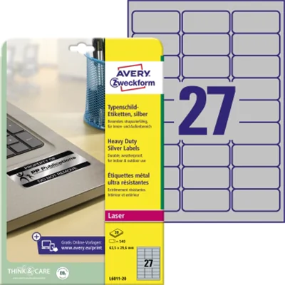 Avery Zweckform Typenschildetikett L6011-20 63,5x29,6mm 540 St./Pack. Avery Zweckform Typenschildetikett L6011-20 63,5x29,6mm 540 St./Pack.
