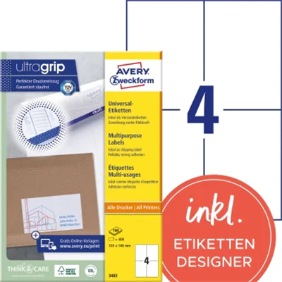 Avery Zweckform Universaletikett 3483 105x148mm weiß 400 St./Pack. Avery Zweckform Universaletikett 3483 105x148mm weiß 400 St./Pack.