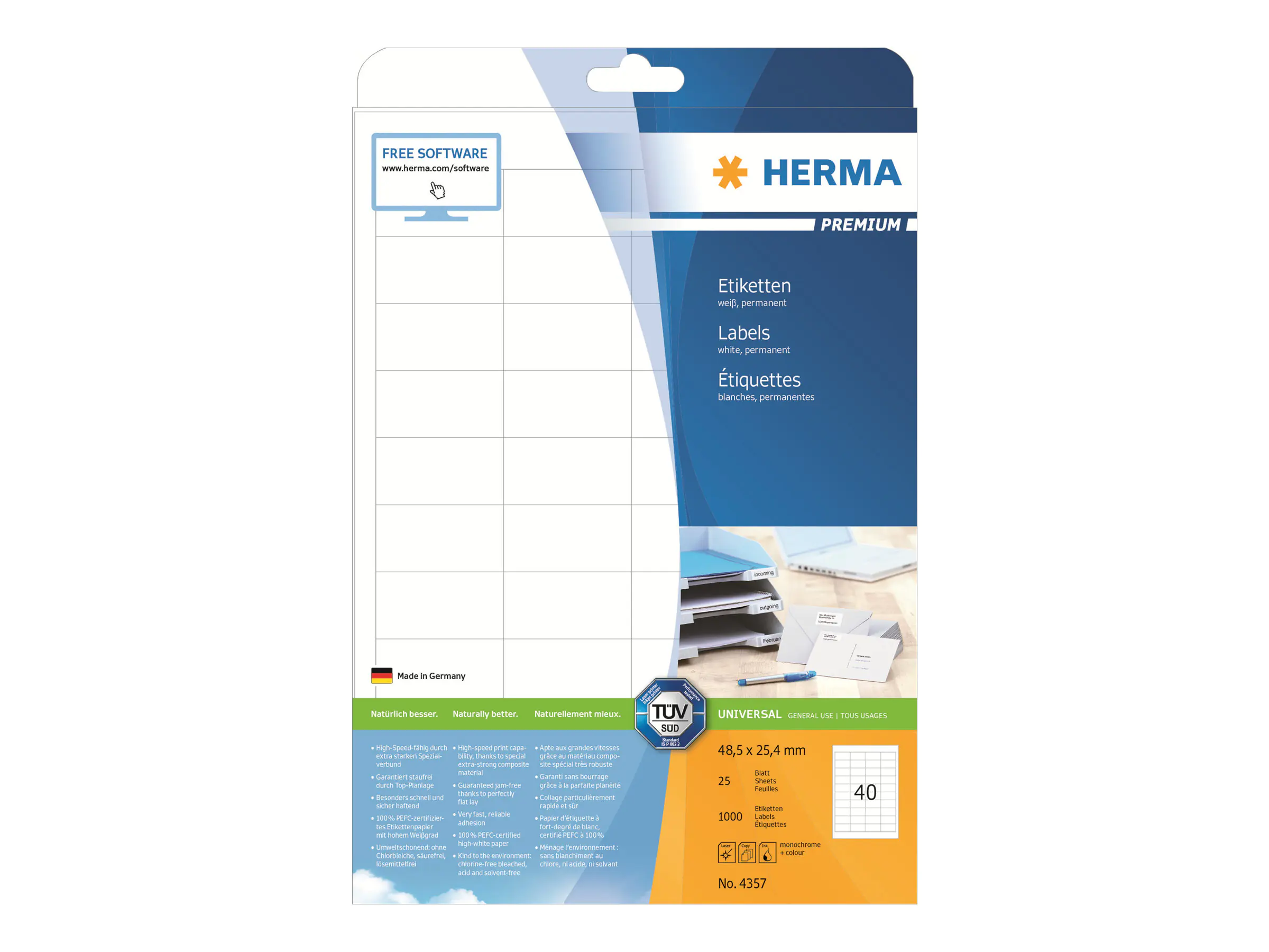 HERMA Etikett PREMIUM 4357 48,5x25,4mm sk weiß 1.000 St./Pack.