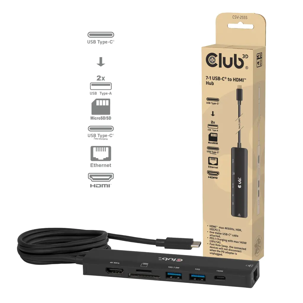 Club 3D 7-1 USB-C® auf HDMI Hub 4K60Hz PD3.1 140W 1m CSV-2555