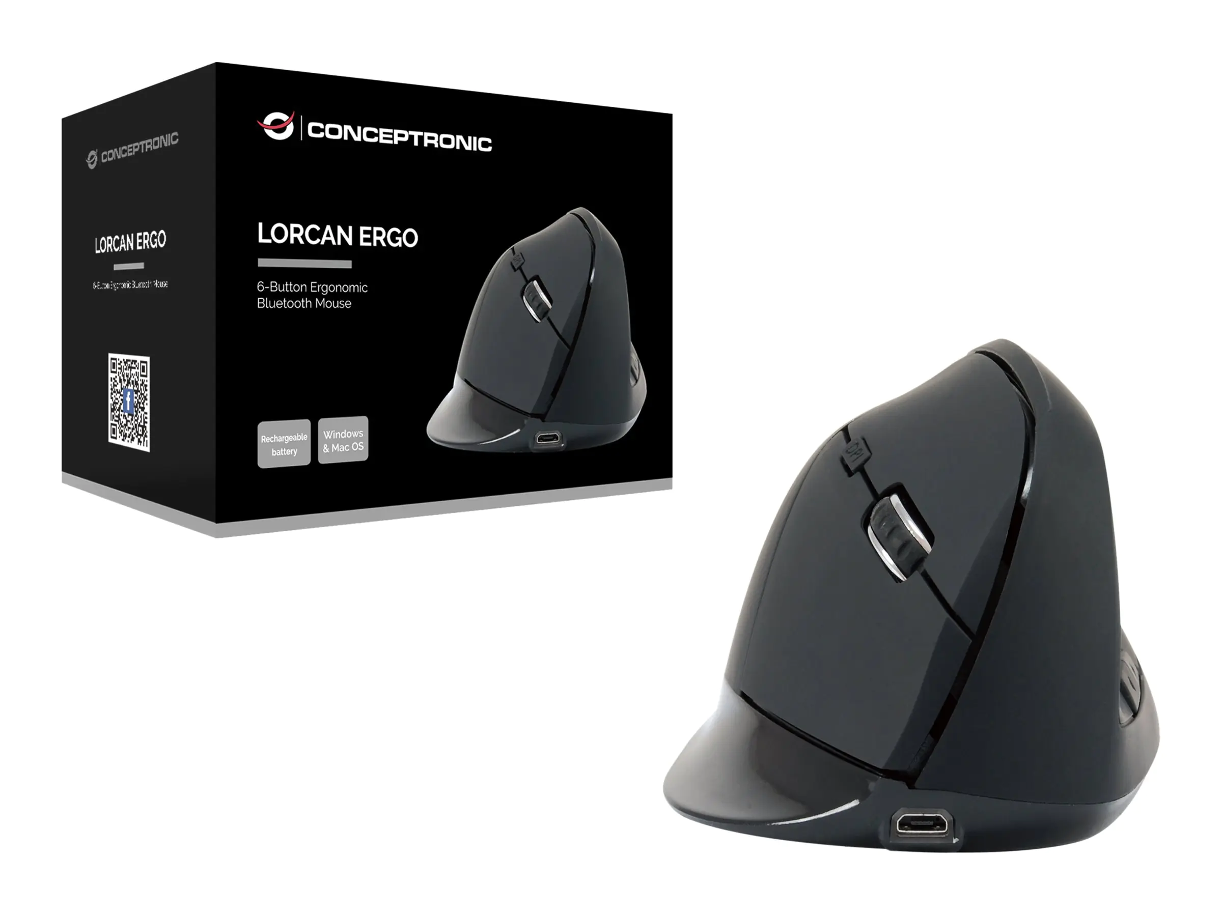 Conceptronic LORCAN03B ERGO - Vertikale Maus - ergonomisch - Für Rechtshänder - optisch - 6 Tasten - kabellos - Bluetooth 5.2 - Schwarz Conceptronic LORCAN03B ERGO - Vertikale Maus - ergonomisch - Für Rechtshänder - optisch - 6 Tasten - kabellos - Bluetooth 5.2 - Schwarz