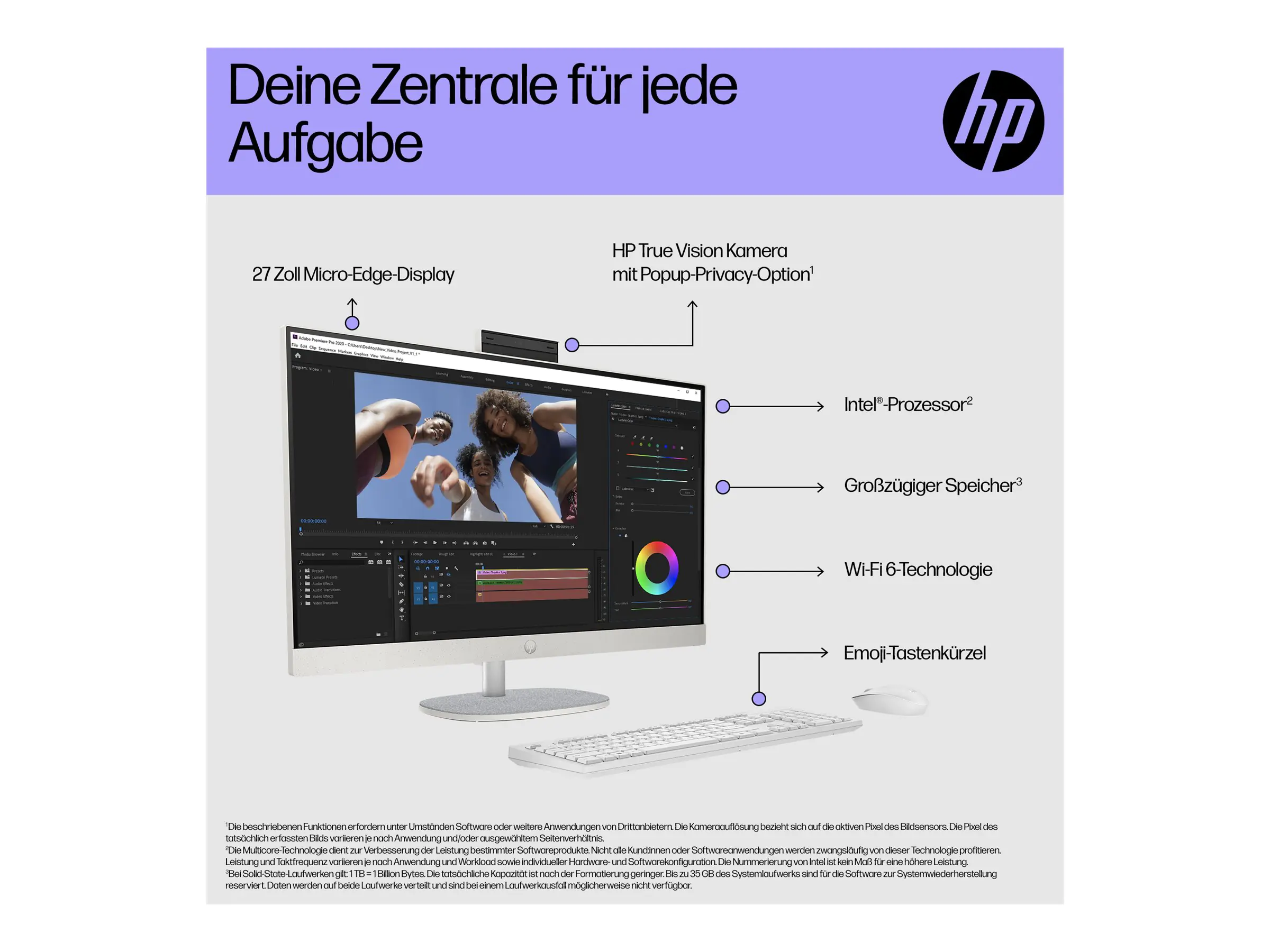 HP 27-cr0113ng - All-in-One (Komplettlösung) - Core i3 i3-1315U - RAM 16 GB - SSD 512 GB - NVMe - UHD Graphics - 1GbE, Bluetooth 5.3, Wi-Fi 6 - WLAN: 802.11a/b/g/n/ac/ax, Bluetooth 5.3 - Win 11 Home - Monitor: LED 68.6 cm (27") A3HE8EA#ABD