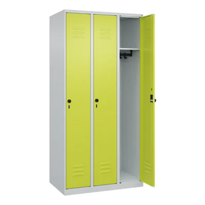 C+P Kleiderspind Classic PLUS 900 x 1.850 x 500 mm (B x H x T) 3 Abteile Stahl Farbe der Front: clowngrün Farbe des Korpus: lichtgrau