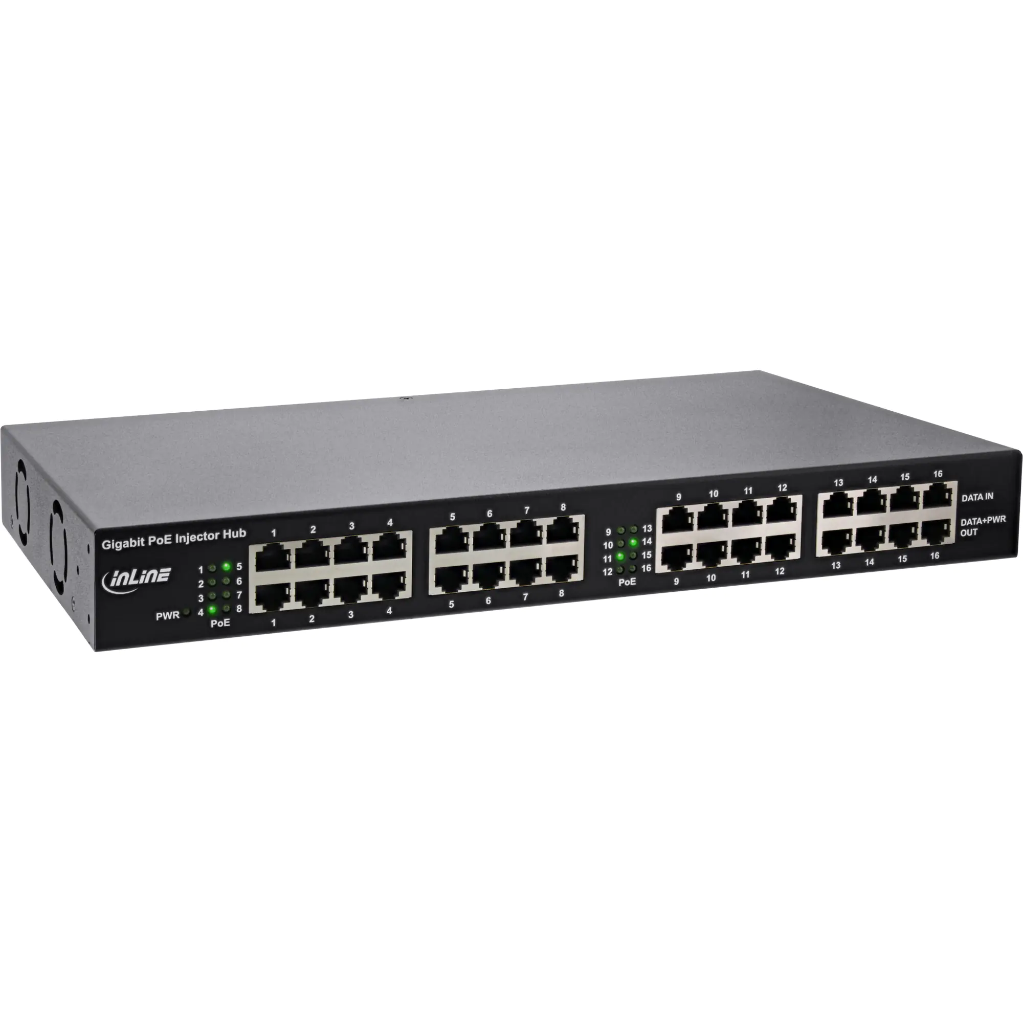 InLine PoE+ Gigabit Network Injector Hub 16 Port - Power Injector (Rack - einbaufähig) - Wechselstrom 100/240 V - 250 Watt - Ausgangsanschlüsse: 16 - 1U - 48.3 cm (19") - Schwarz