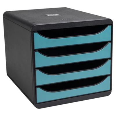 Exacompta Schubladenbox BIG-BOX 4 Schubladen DIN A4, Überbreite Polystyrol Gehäusefarbe: schwarz Farbe der Schublade: pazifikblau Exacompta Schubladenbox BIG-BOX 4 Schubladen DIN A4, Überbreite Polystyrol Gehäusefarbe: schwarz Farbe der Schublade: pazifikblau