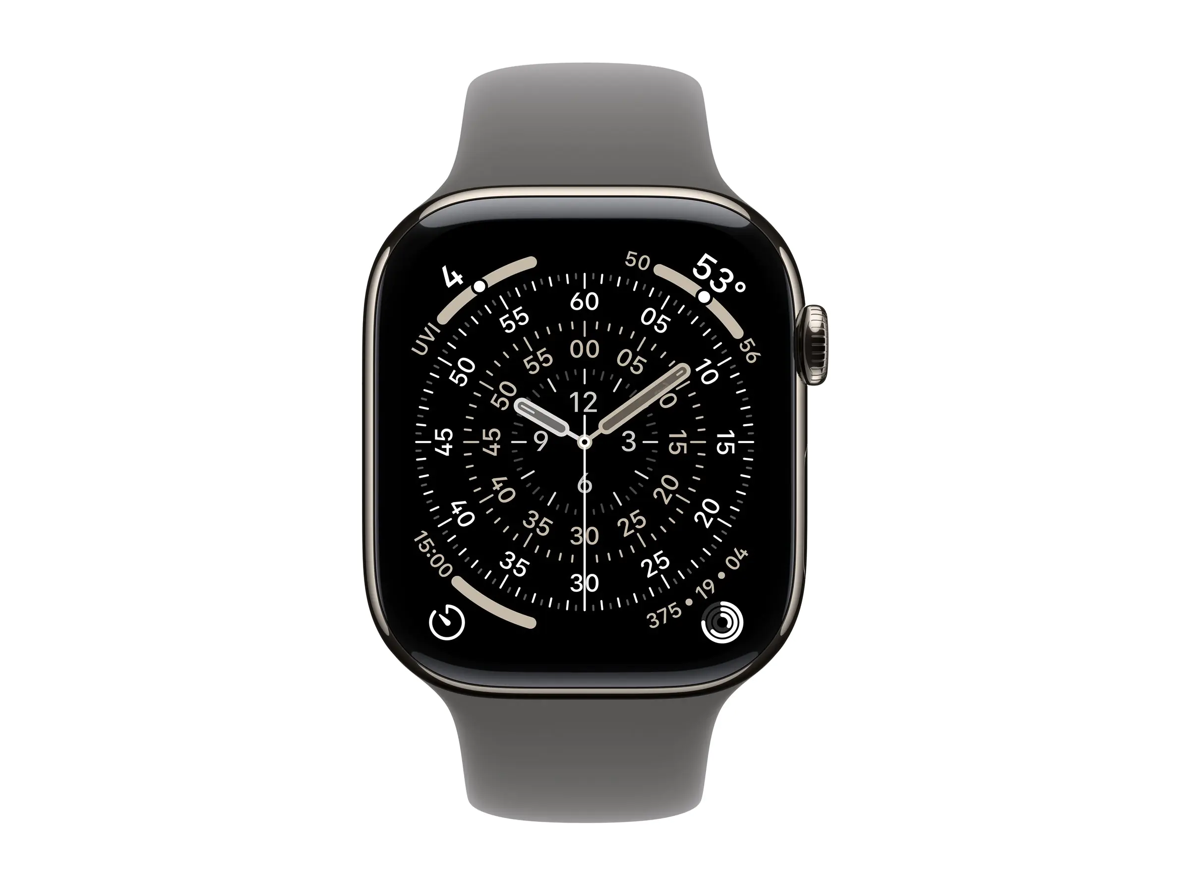 Apple Watch Series 11 (GPS + Cellular) - 46 mm - natürliches Titan - intelligente Uhr mit Sportband - Flouroelastomer - Stone Gray - Bandgröße: S/M - 64 GB - LTE, Wi-Fi 4, UWB, Bluetooth - 5G - 43.1 g